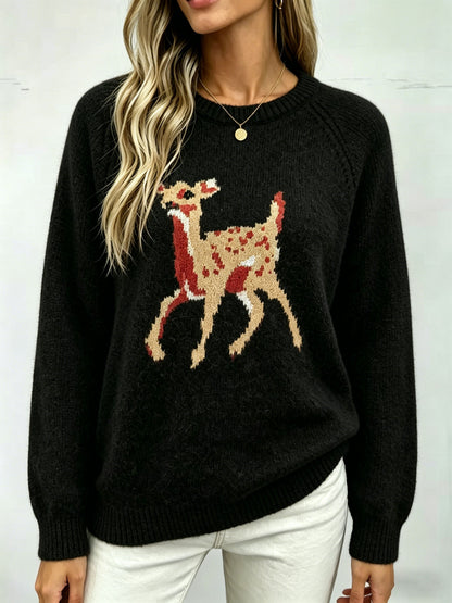 Women's Cute Deer Crewneck Knit Pullover Sweater