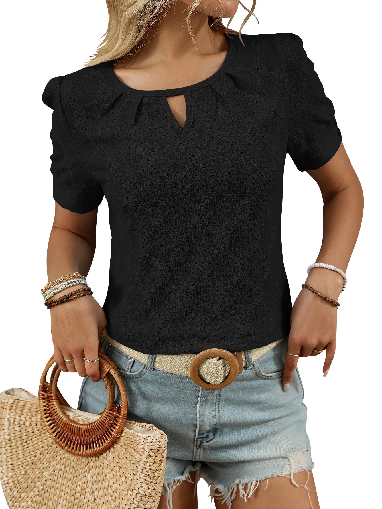Light Blue Textured Knit Short Sleeve Button Neck Top