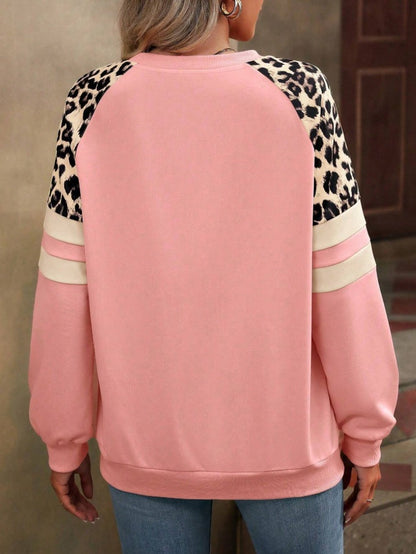 Leopard Colorblock Sweatshirt Women Casual Pullover Top
