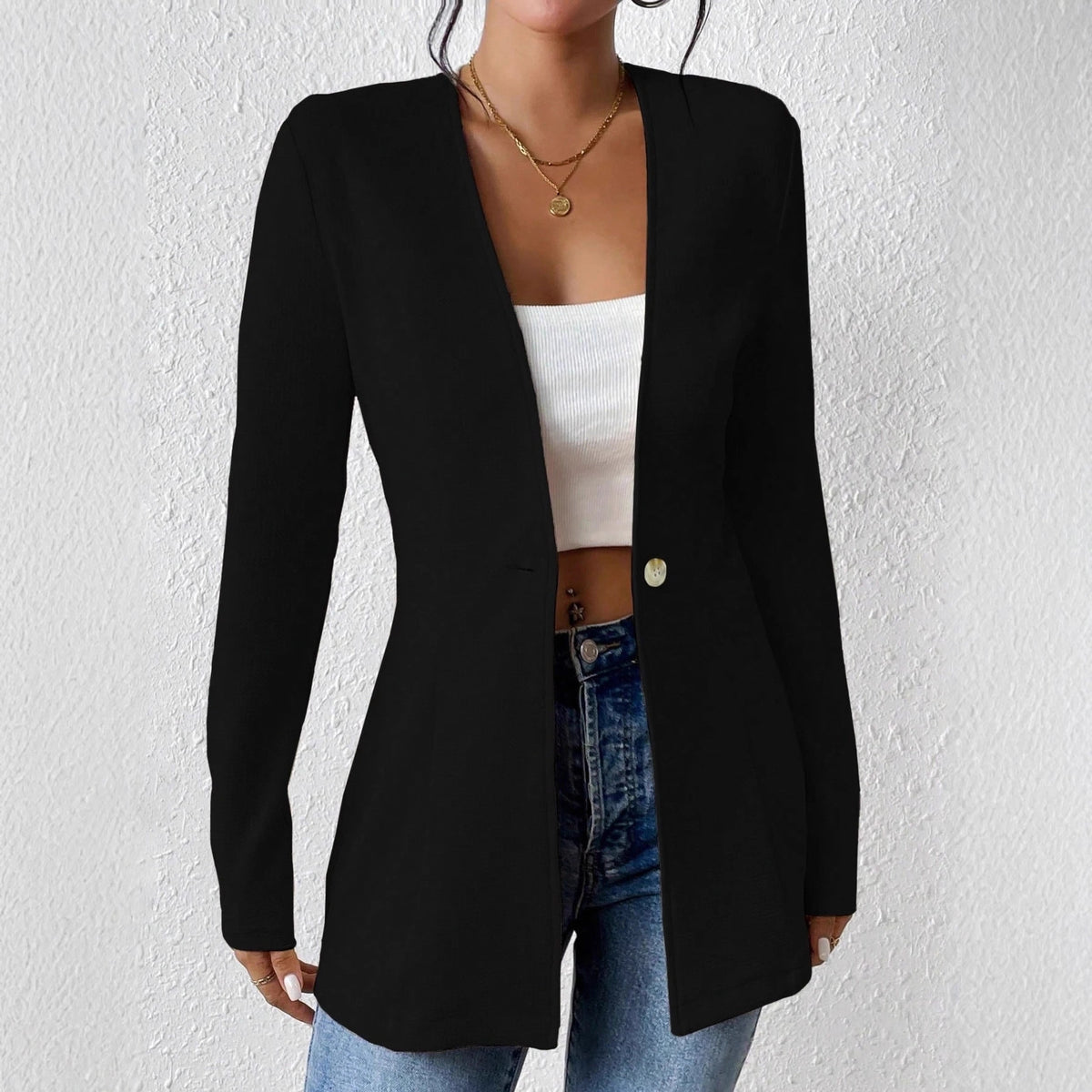 Women's Casual V-Neck One Button Solid Blazer Jacket