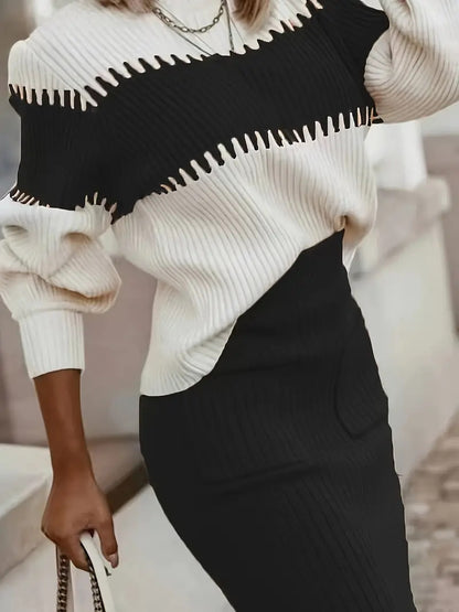 Women's Striped Sweater & Skirt Two Piece Knit Set