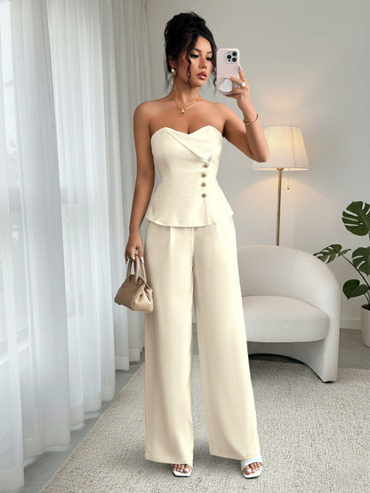 Strapless Button Detail Top and Wide Leg Pants Set