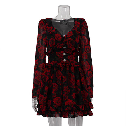 Floral V-Neck Long Sleeve Button Front A-Line Mini Dress