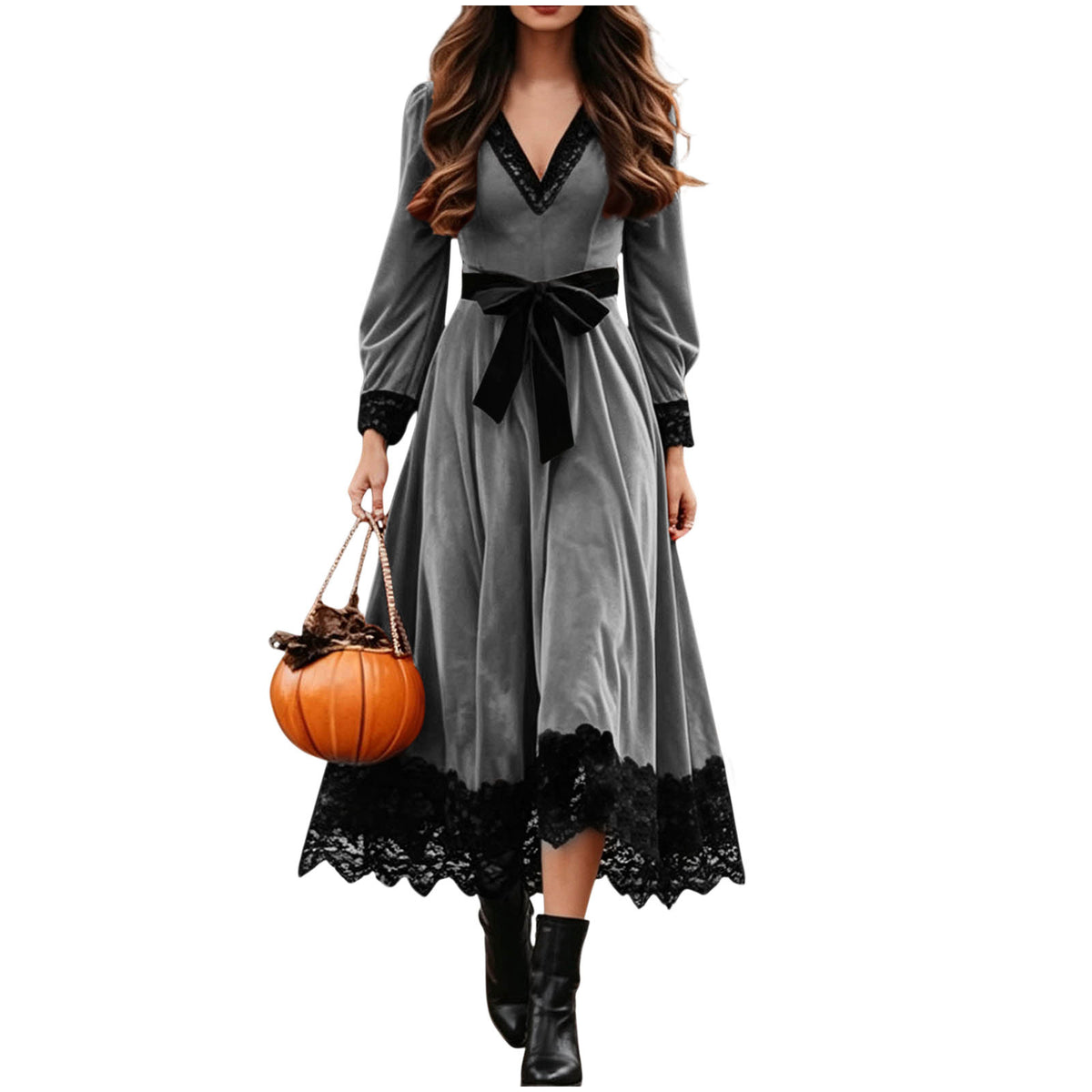 Velvet Maxi Dress V-Neck Lace Trim Puff Sleeve Flowy