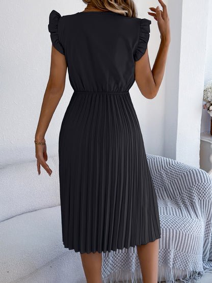 Lace V Neck Pleated Midi Dress with Ruffle Sleeves