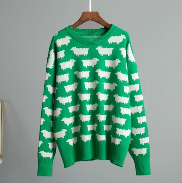 Oversized Crewneck Sheep Print Knit Sweater