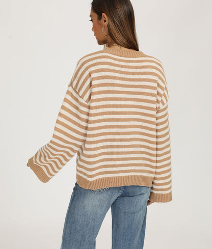 Striped Knit Sweater Crew Neck Pullover Oversized Top