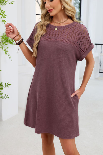 Blue Gray Yoke Loose T Shirt Dress Crew Neck