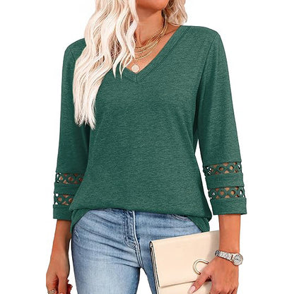 White V-Neck Lace Sleeve Casual Knit Top for Women
