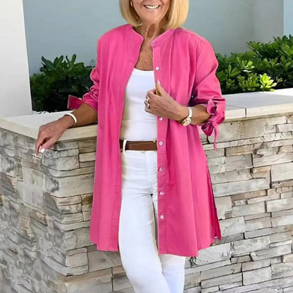 Women's Cotton Button Front Tie Sleeve Tunic Blouse