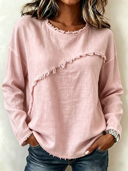 Women's Long Sleeve Round Neck Frayed Trim Casual Loose Top