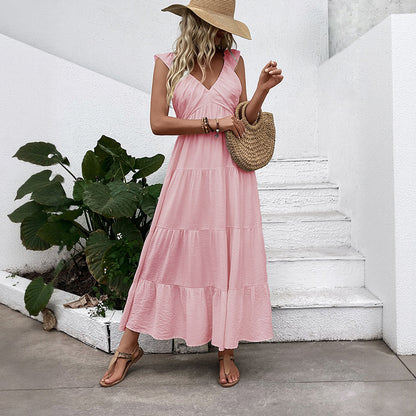 Boho V Neck Sleeveless Tiered Maxi Dress Beach Vacation
