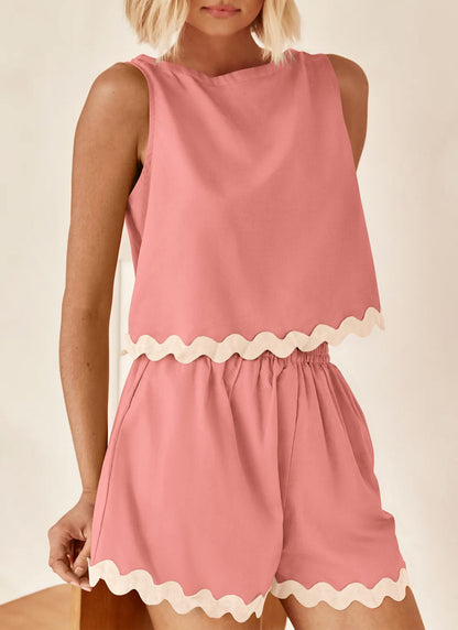 Linen Lace Two-Piece Set - Summer Crew Neck Vest & Shorts