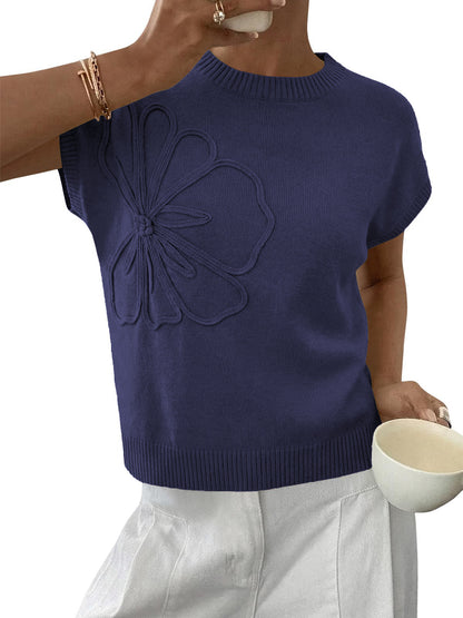 Floral Knit Sweater Short Sleeve Textured Summer Top
