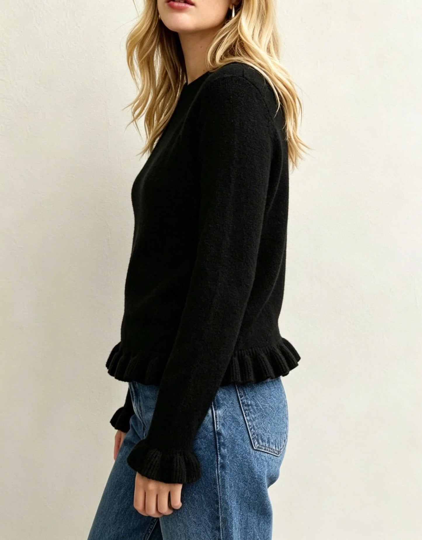 Ruffle Hem Knit Sweater Crew Neck Long Sleeve Top