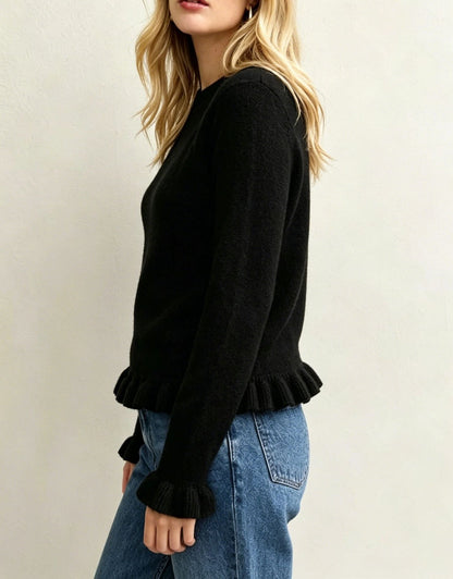 Ruffle Hem Knit Sweater Crew Neck Long Sleeve Top