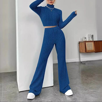 Women's Ribbed Knit Crop Top & Flare Pants Matching Set