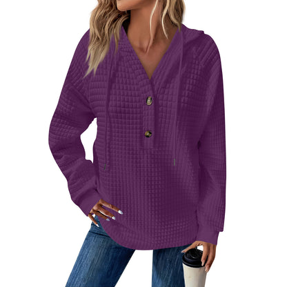 Women's Quilted V-Neck Button Hoodie Oversized Pullover