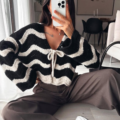 Women's Striped Tie Front Fuzzy Cardigan Sweater