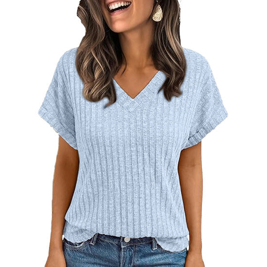 Ribbed Knit V-Neck Top – Relaxed Fit Casual Summer Tee