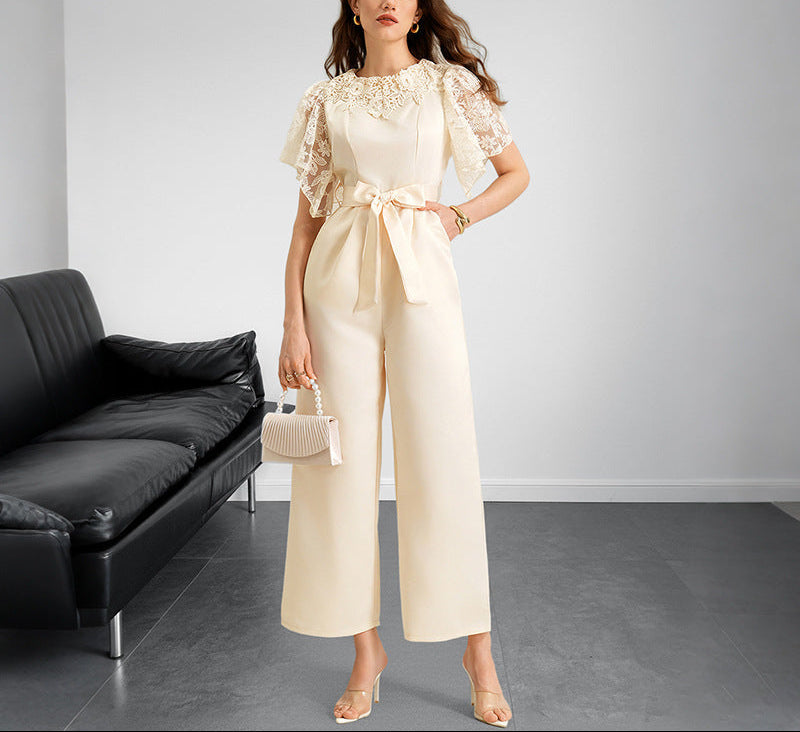 Elegant Lace Satin Wide Leg Belted Jumpsuit