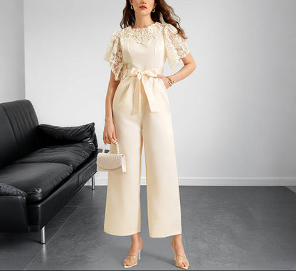 Elegant Lace Satin Wide Leg Belted Jumpsuit