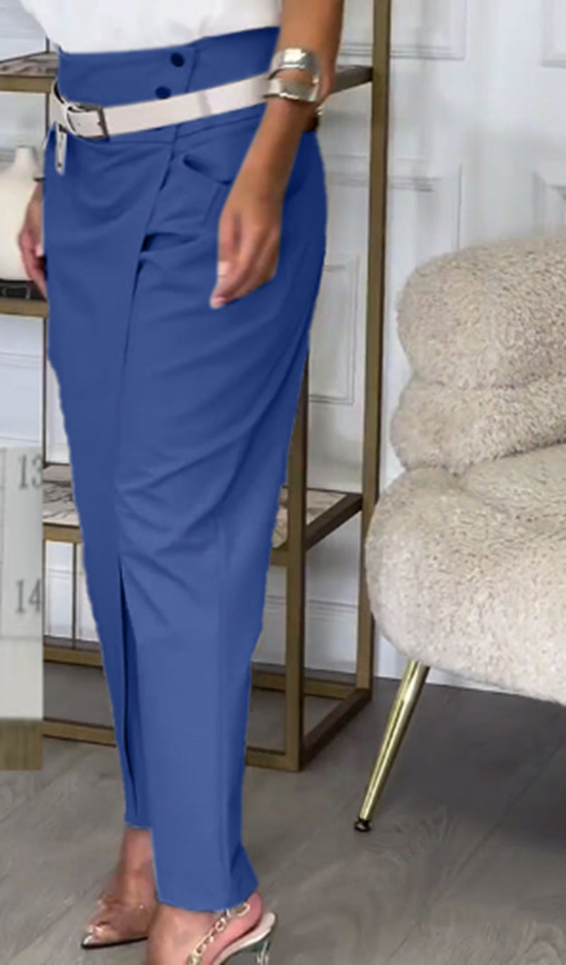 Women's Belted Crossover High Waist Straight Leg Trousers