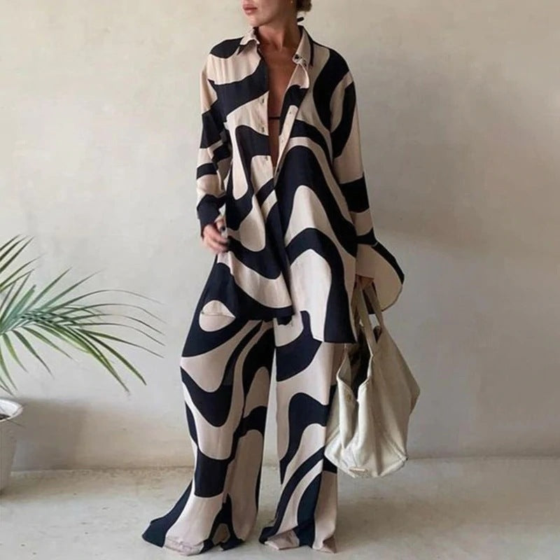 Matching Set Abstract Print Oversized Shirt Wide Leg Pants