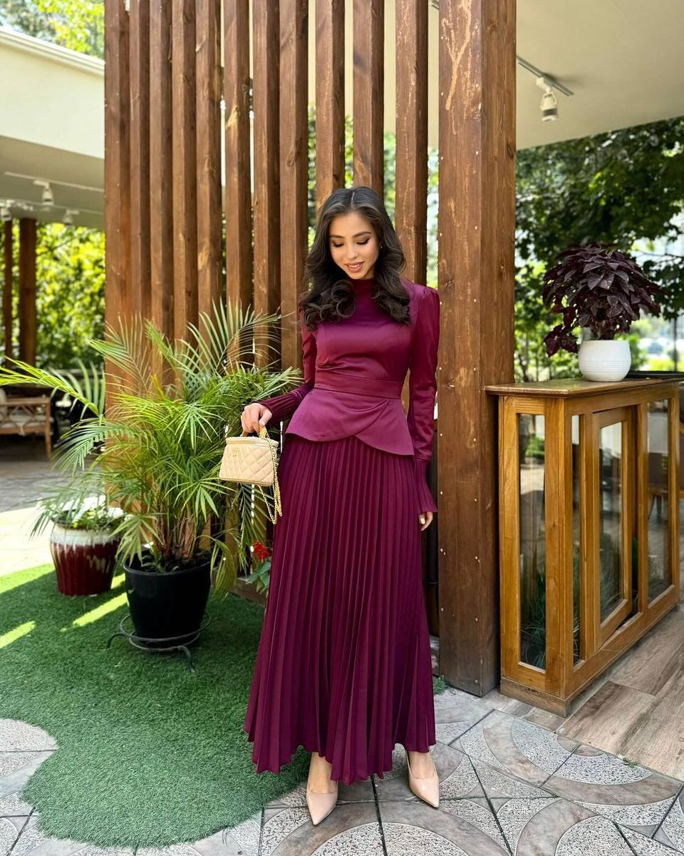 Mock Neck Tie Waist Top & Pleated Maxi Skirt Set