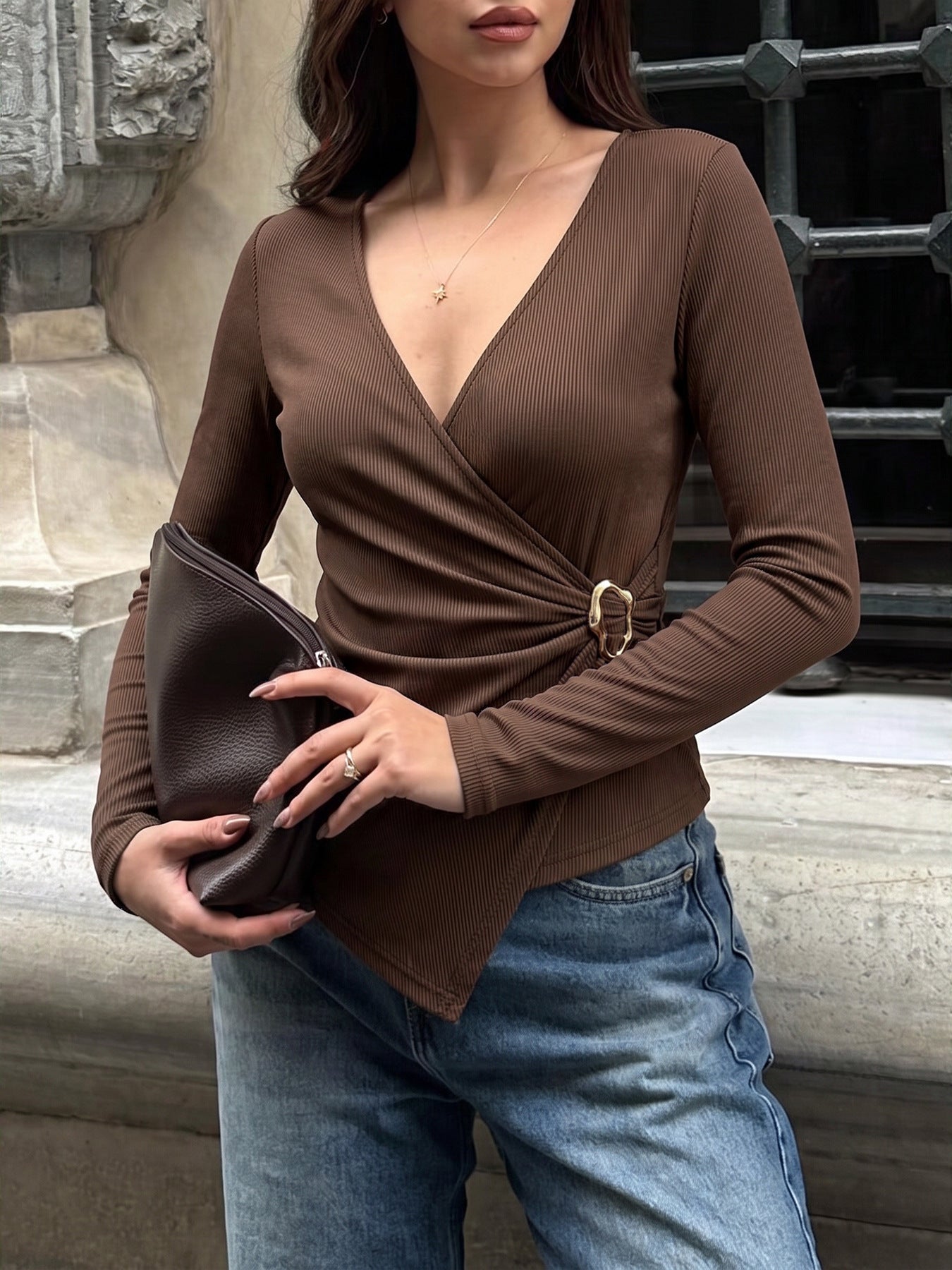 Women's V-Neck Ribbed Buckle Waist Long Sleeve Fitted Top
