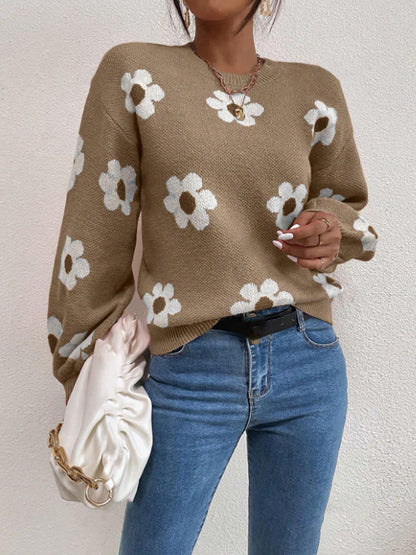 Women's Daisy Floral Long Sleeve Crew Neck Knit Sweater