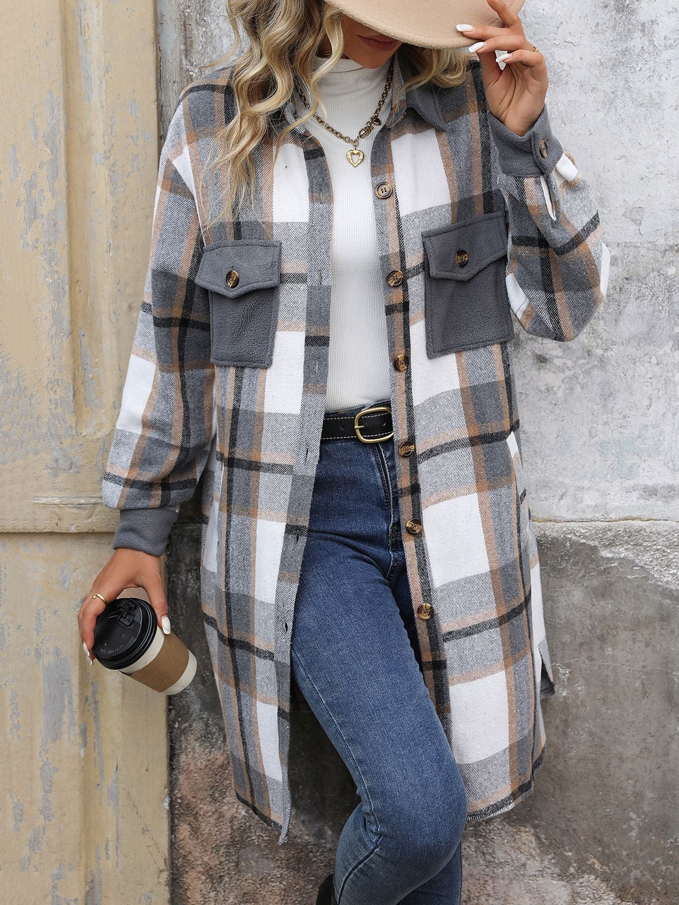 Plaid Shirt Jacket for Women - Long Button Front Coat