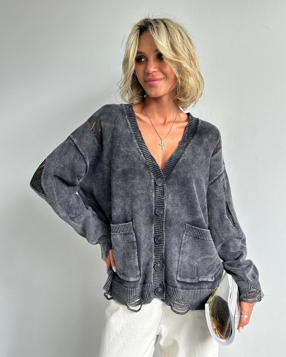 Vintage Distressed Chunky Knit Cardigan