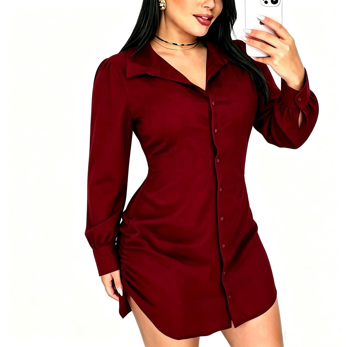 Women's Ruched Shirt Dress Long Sleeve Button Down Mini