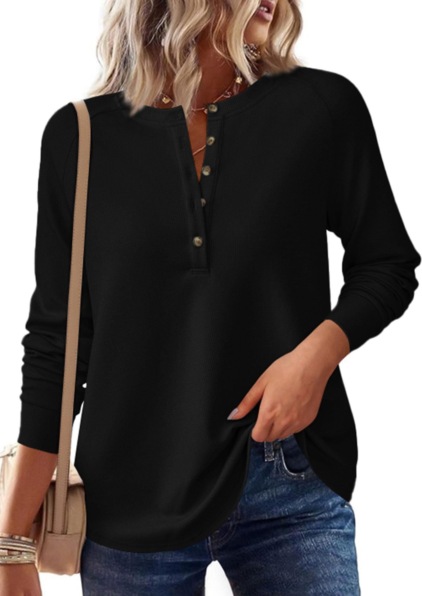 Waffle Knit Henley Top Button V Neck Long Sleeve Tee