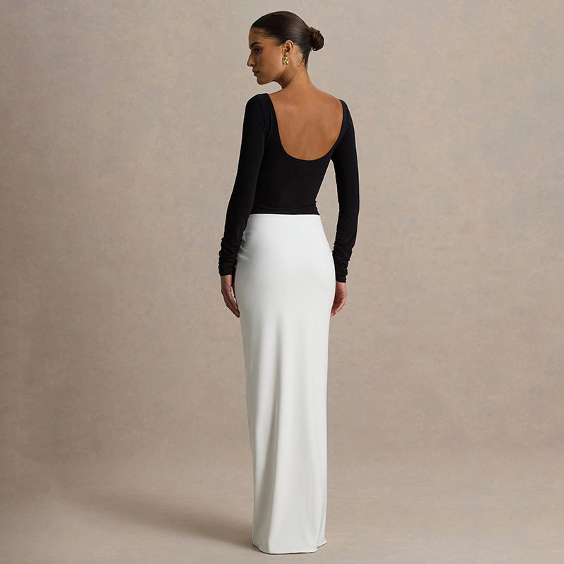 Two Tone Boat Neck Backless Ruched Long Sleeve Maxi Dress