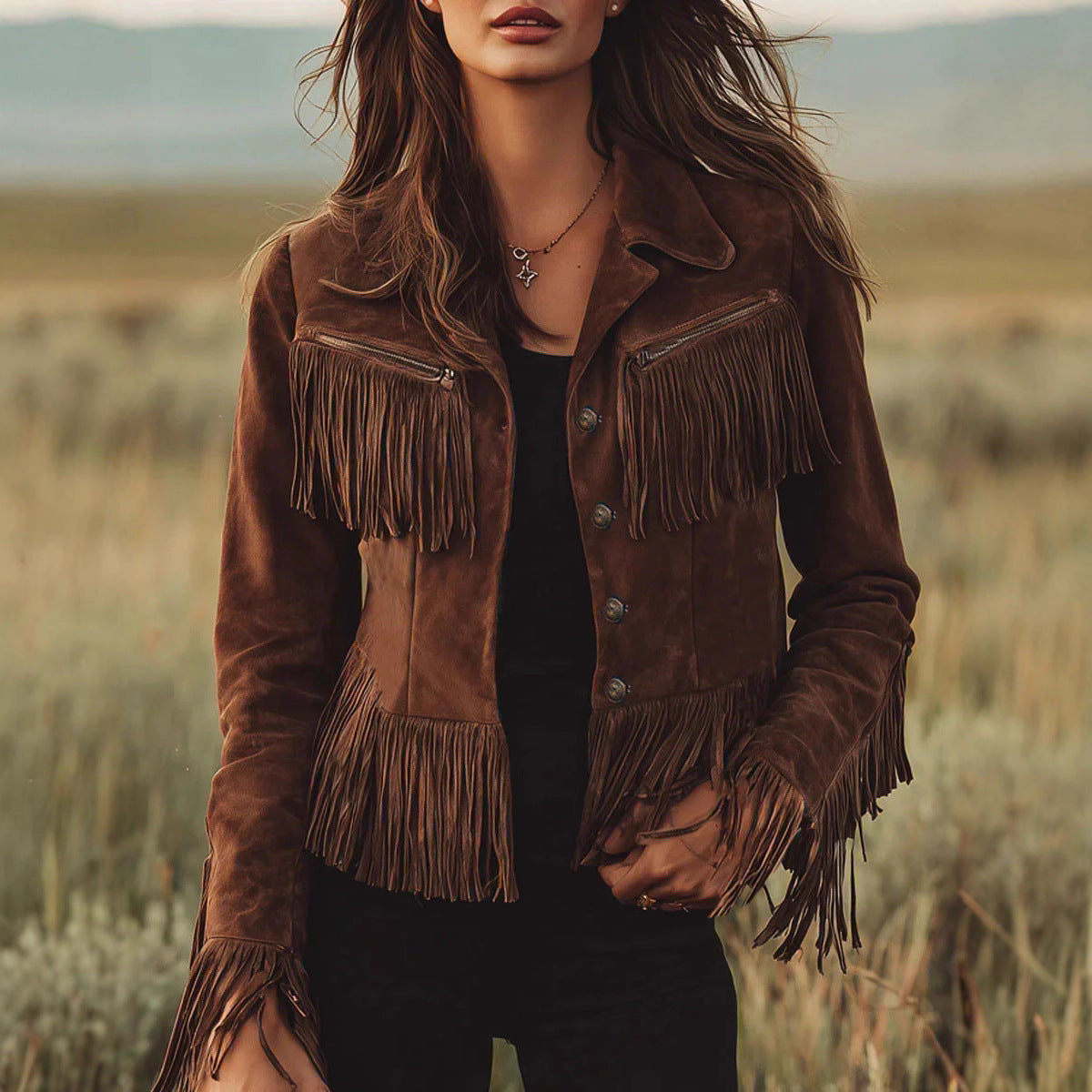 Women's Faux Suede Fringe Jacket Western Brown