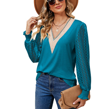 V-Neck Lace Long Sleeve Loose Fit Tunic Top