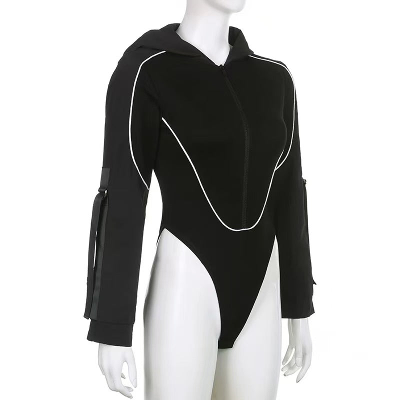 Women Hooded Cut Out Bodysuit Long Sleeve Streetwear