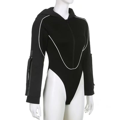 Women Hooded Cut Out Bodysuit Long Sleeve Streetwear