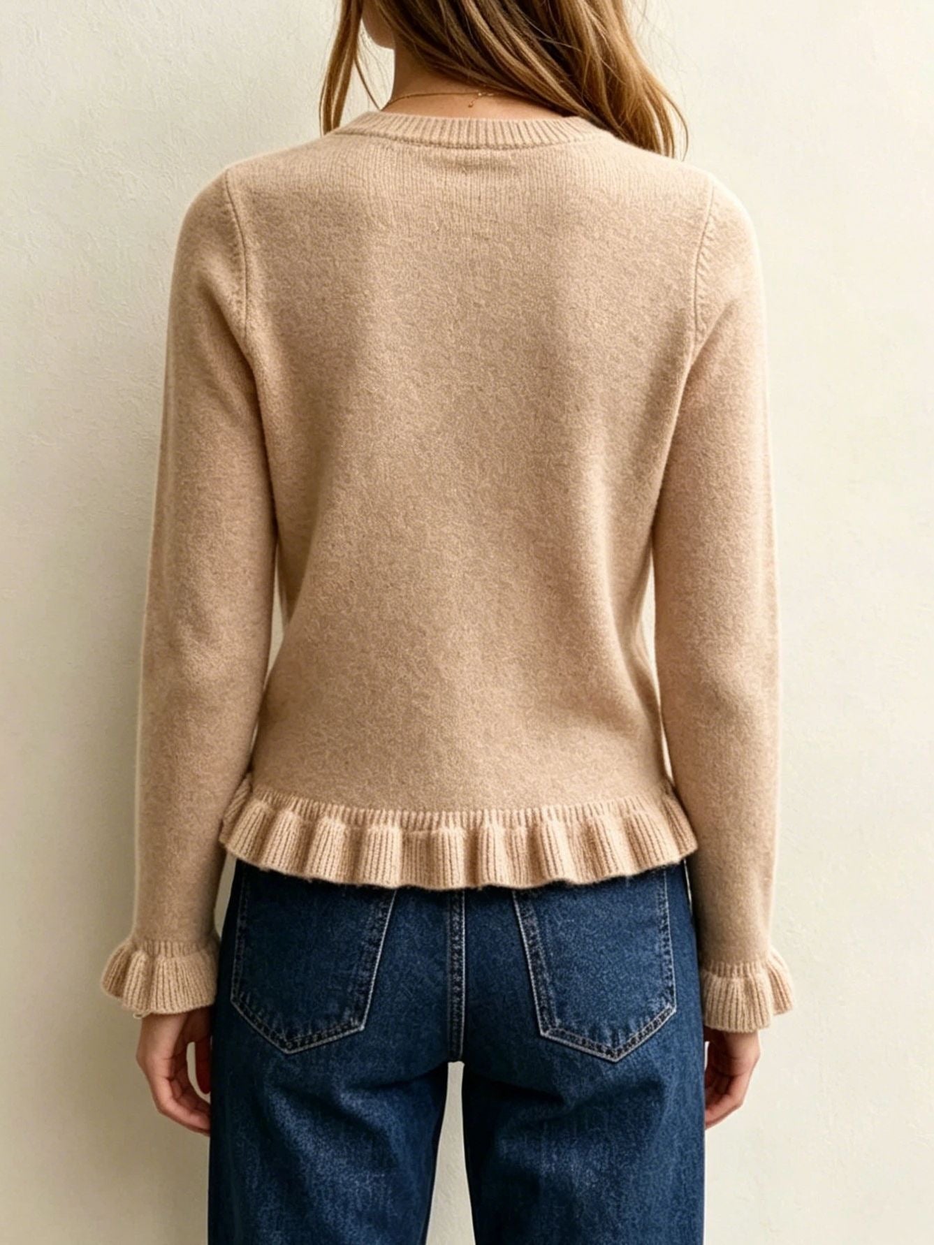 Ruffle Hem Knit Sweater Crew Neck Long Sleeve Top