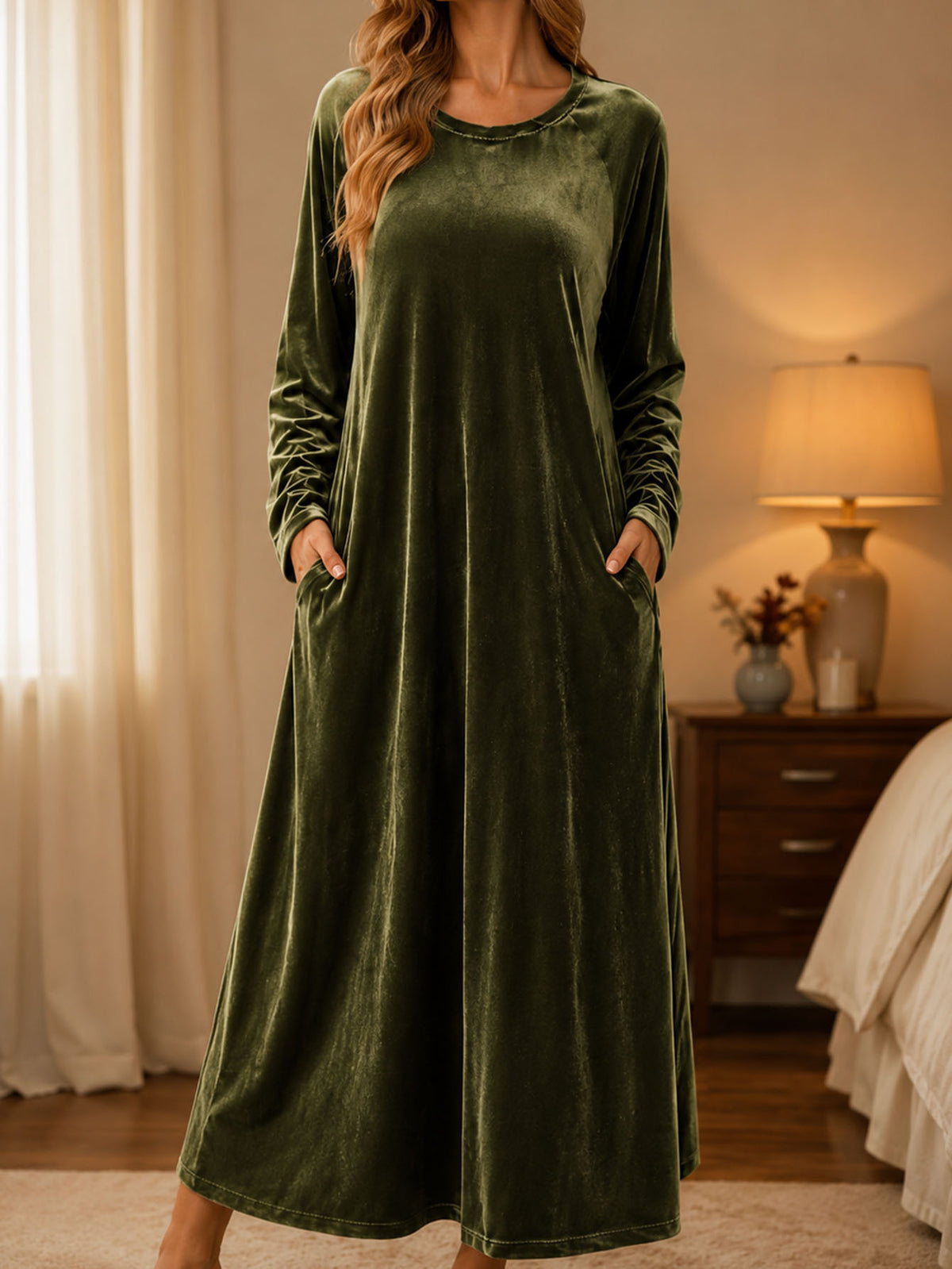 Women's Long Sleeve Velvet Maxi Dress A-Line with Pockets