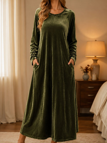 Women's Long Sleeve Velvet Maxi Dress A-Line with Pockets