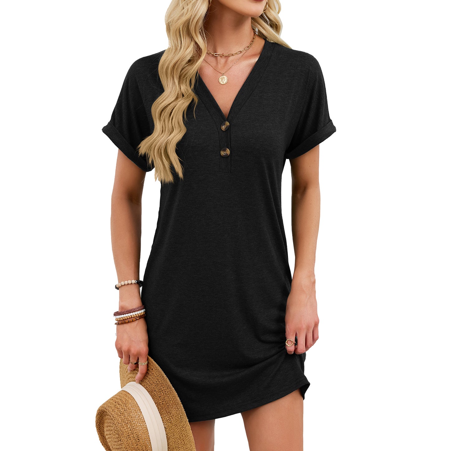 V-Neck Button Short Sleeve Mini Dress for Women