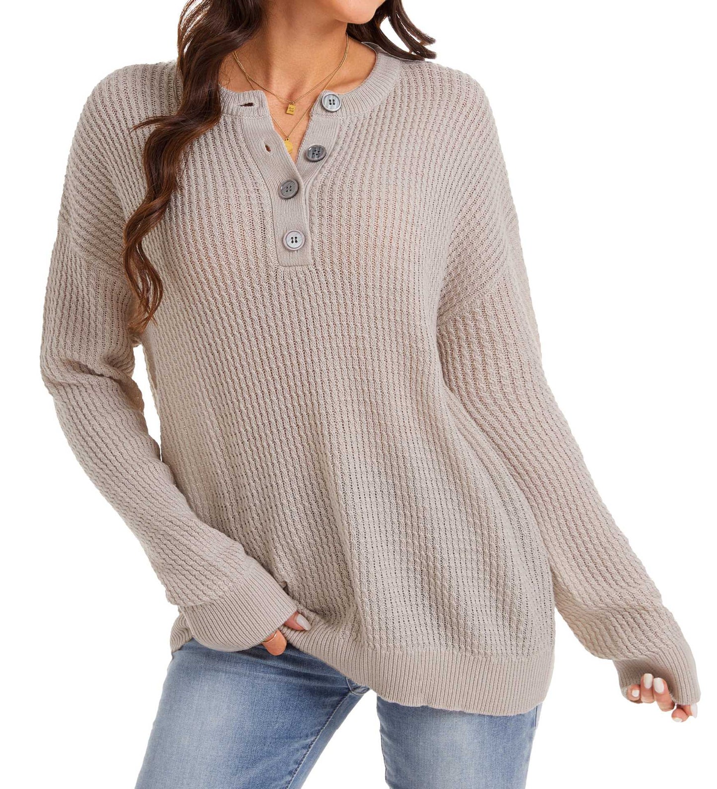 Women’s Button Henley Knit Sweater Relaxed Long Sleeve