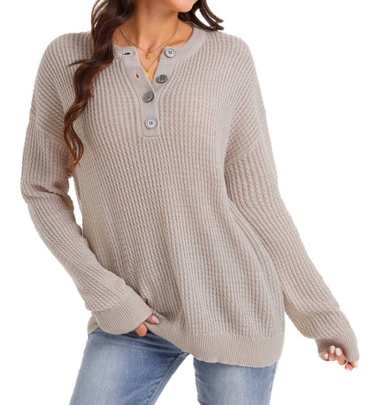 Women’s Button Henley Knit Sweater Relaxed Long Sleeve