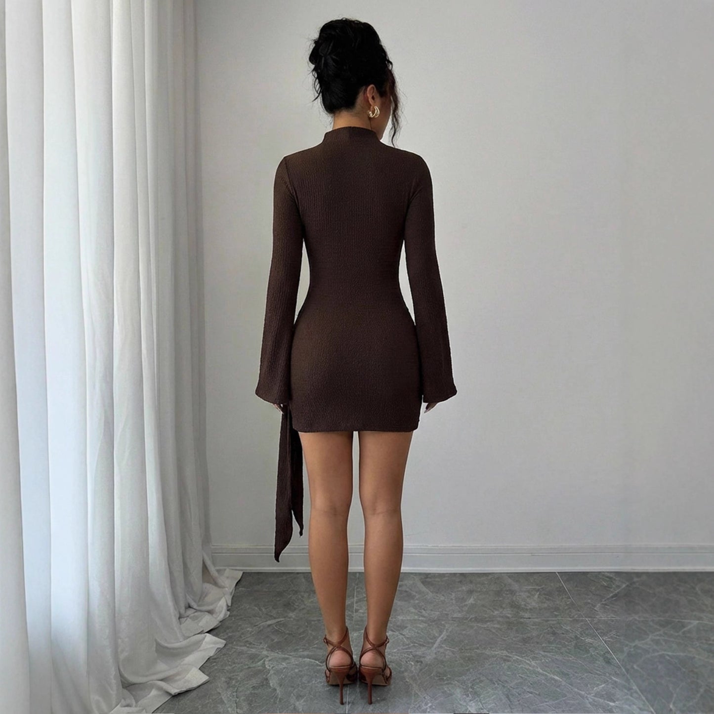 Ruched Knit Bodycon Dress Metal Ring Long Sleeve Mini