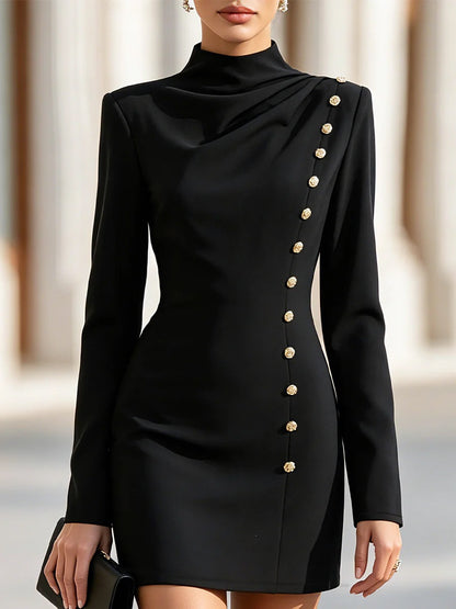 Mock Neck Ruched Mini Dress Long Sleeve Gold Button Detail