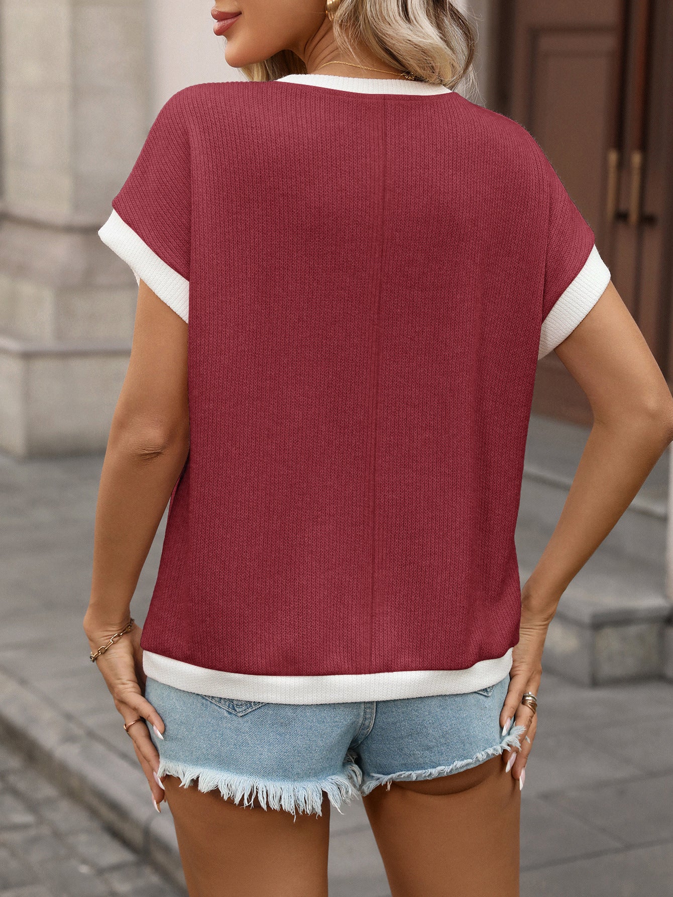 Khaki Contrast Trim Knit Tee Loose Crew Neck Top
