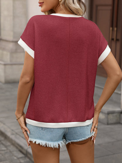 Khaki Contrast Trim Knit Tee Loose Crew Neck Top